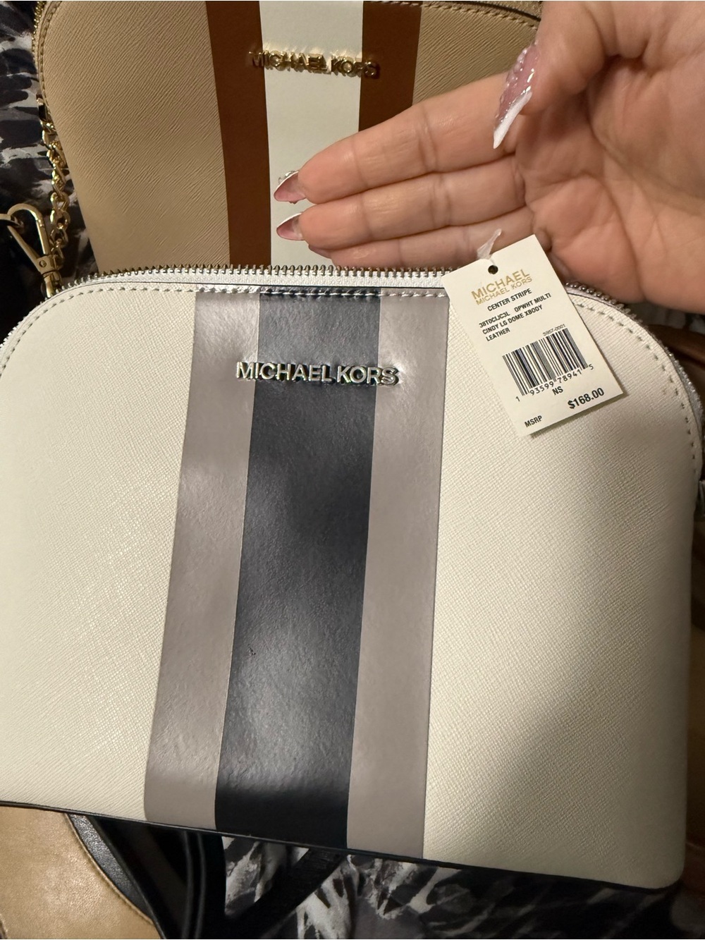 Michael Kors White Crossbody with Gray and Charcoal Center Stripes